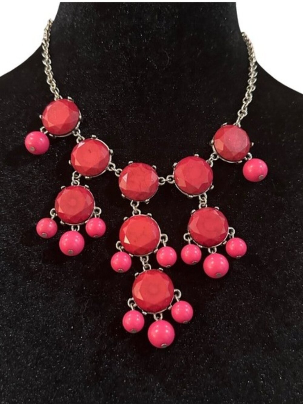 Cabochon Bib Necklace Dark Pink Berry Silver Tone Adjustable Length